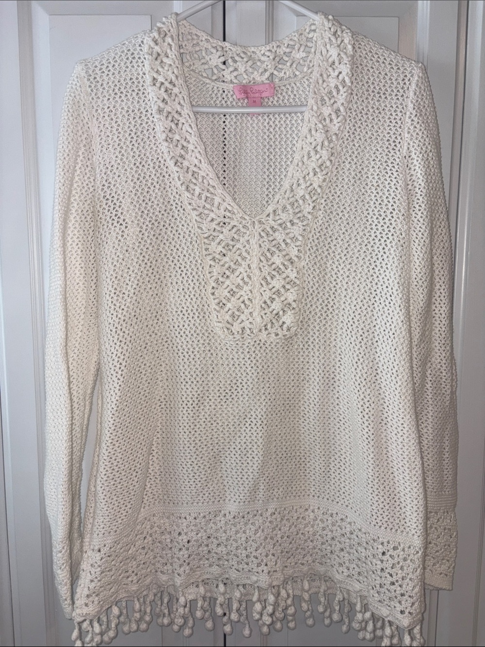 Lilly Pulitzer Cream Crochet-Trim Open Knit Sweater